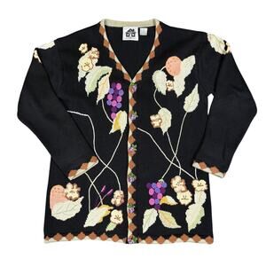 Vintage Storybook Knits Cardigan Sweater Women's Medium Black Grapes Leaves
